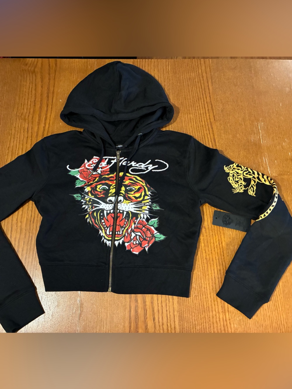 Ed Hardy Black Zip Hoodie with Tiger & Rose Graphic